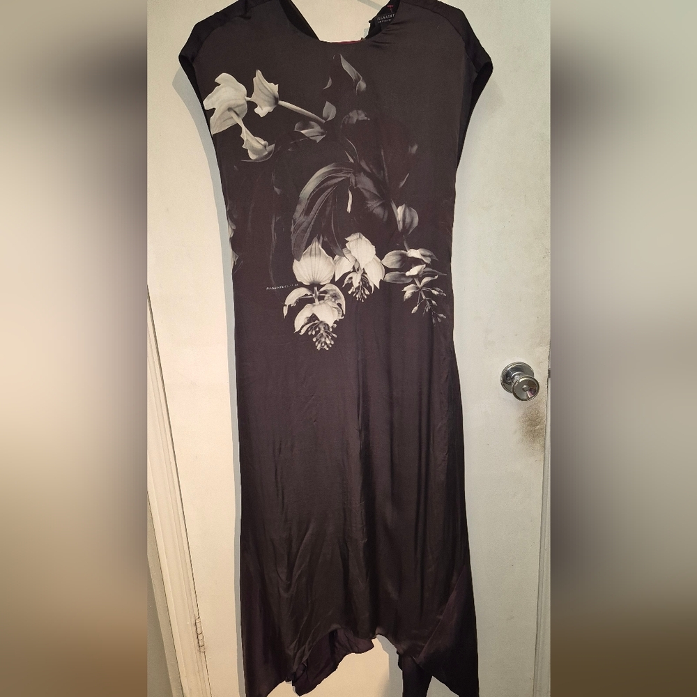 All Saints Black Asymmetrical Floral Midi Dress - Picture 5 of 11